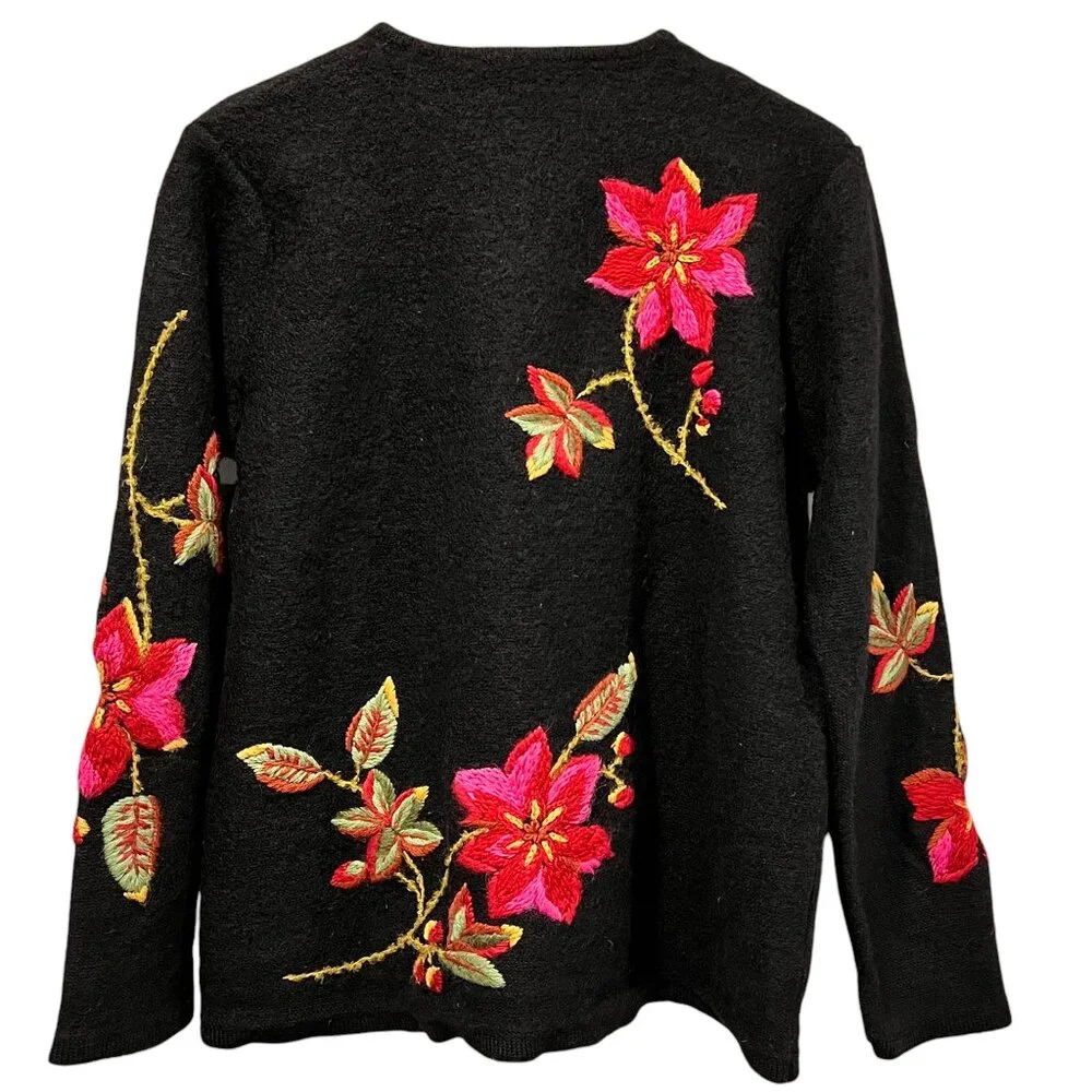 Susan Bristol Vtg Floral Button Cardigan, Black Wool, XL